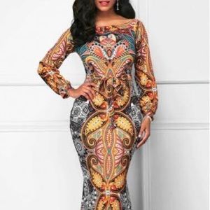 Printed Belted Long Sleeve Mermaid Dress